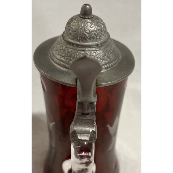Egermann Bohemian Ruby Cut Glass Stein Pewter Lid Beer Tankard Deer Stag Czech - Picture 10 of 13